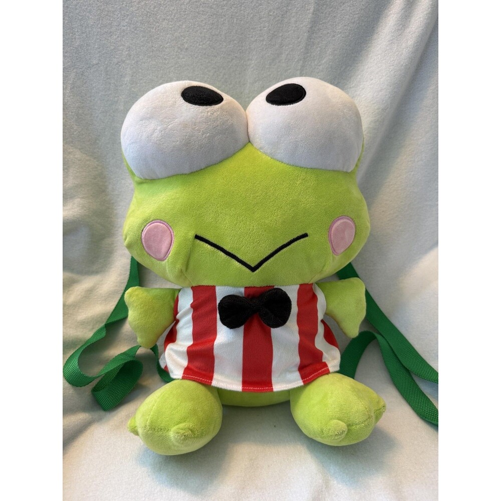 Keroppi Plush Backpack Medium Green Frog Striped Bow Adjustable Straps